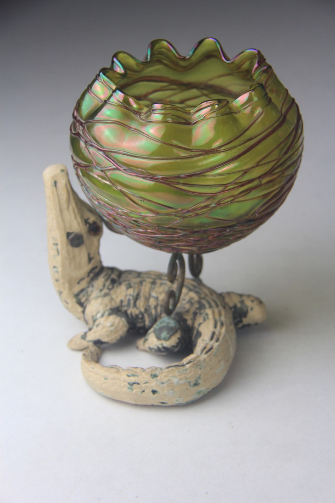 Kralik Veined Green Iridescent Vase Mounted on Unique Alligator Base Rare!!!