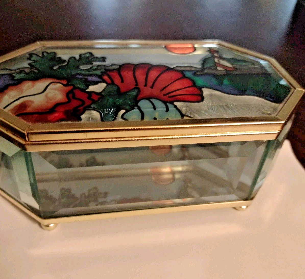 Stained Glass Brass Rim Footed Trinket Box Lighthouse Sea Waterfront Scenery