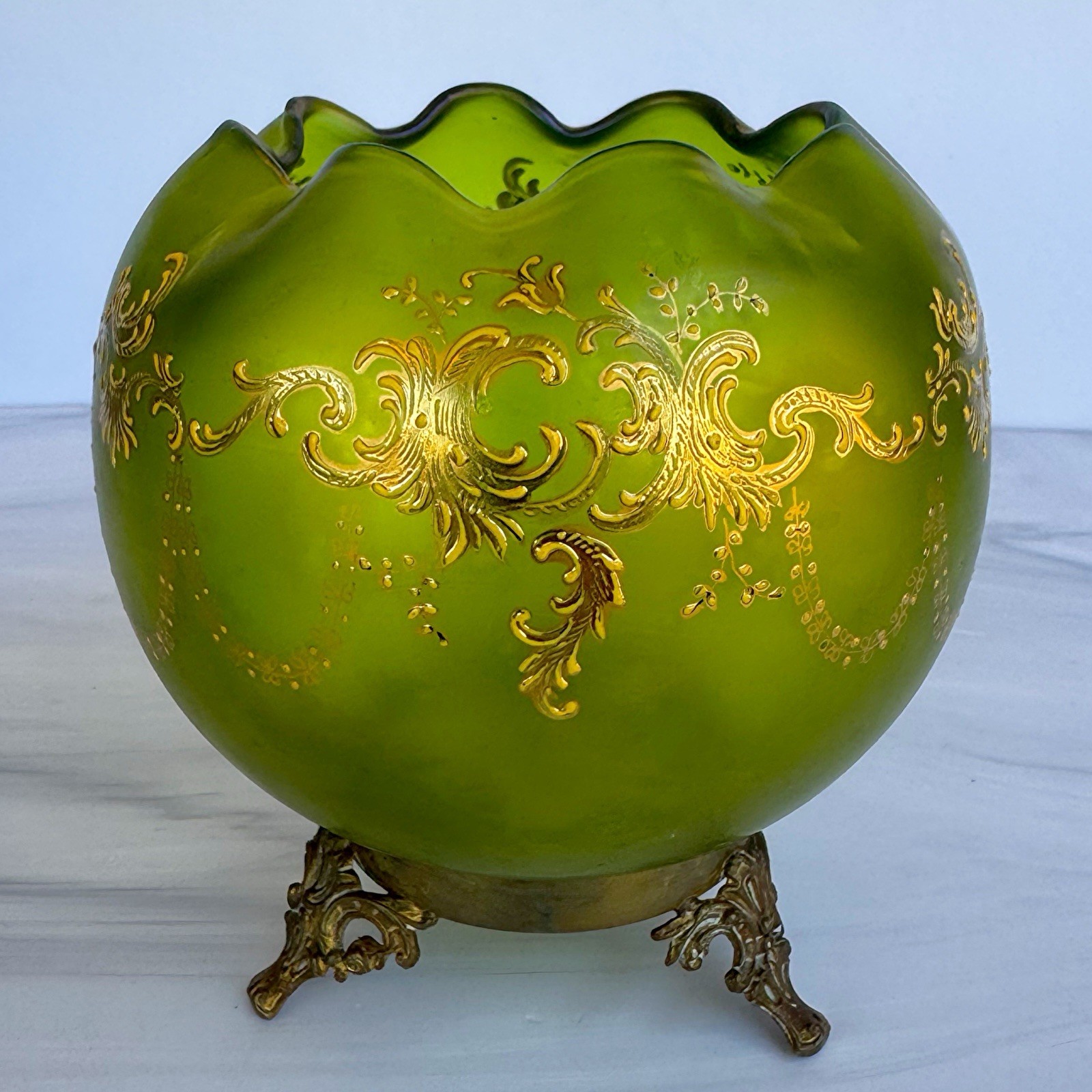 Antique Bohemian Moser Style Green Iridescent Art Glass Rose Bowl Gold Enamel