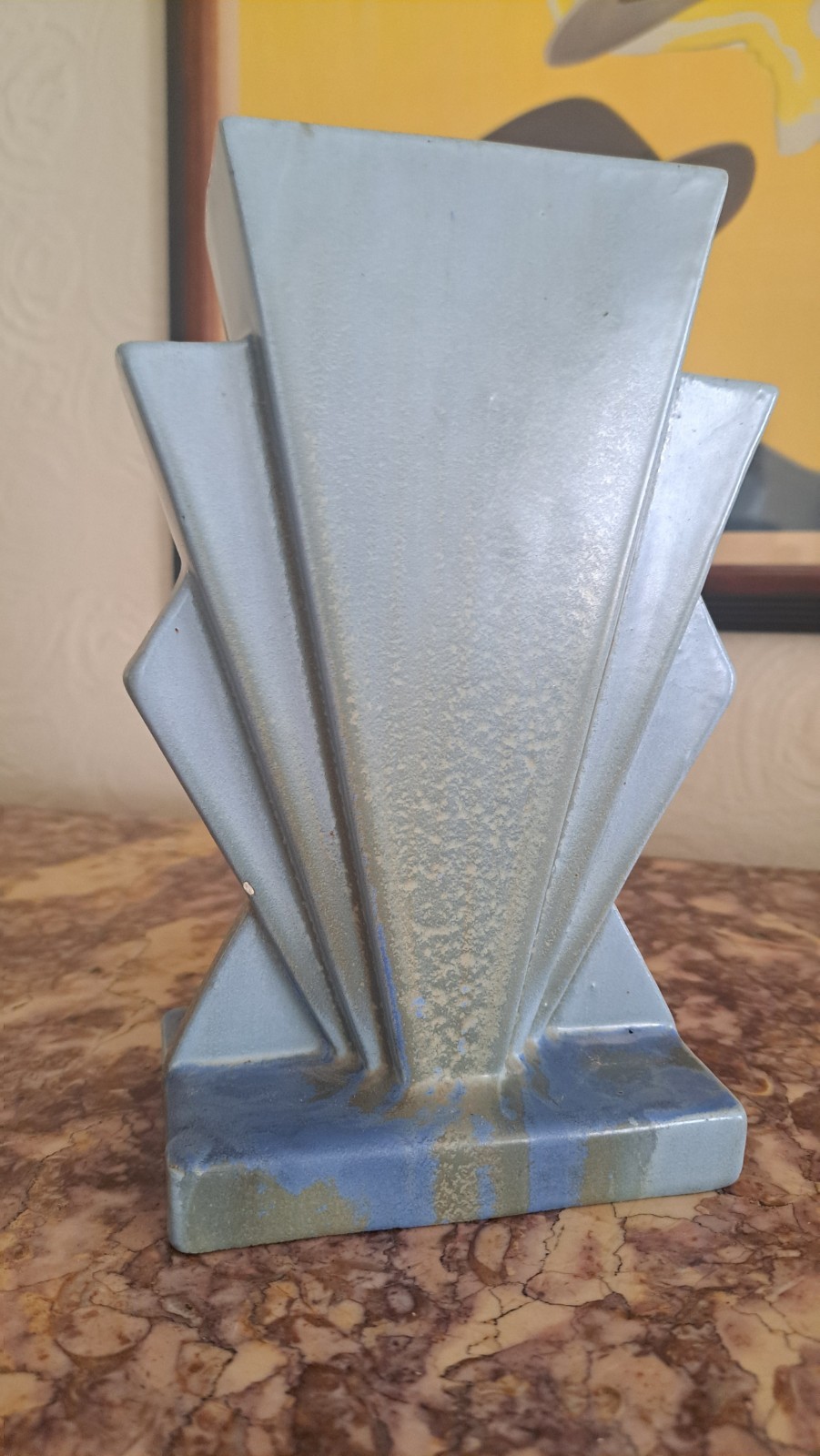 Transitional Art Deco Skyscraper/Fan Matte Blue Vase vtg 1930s