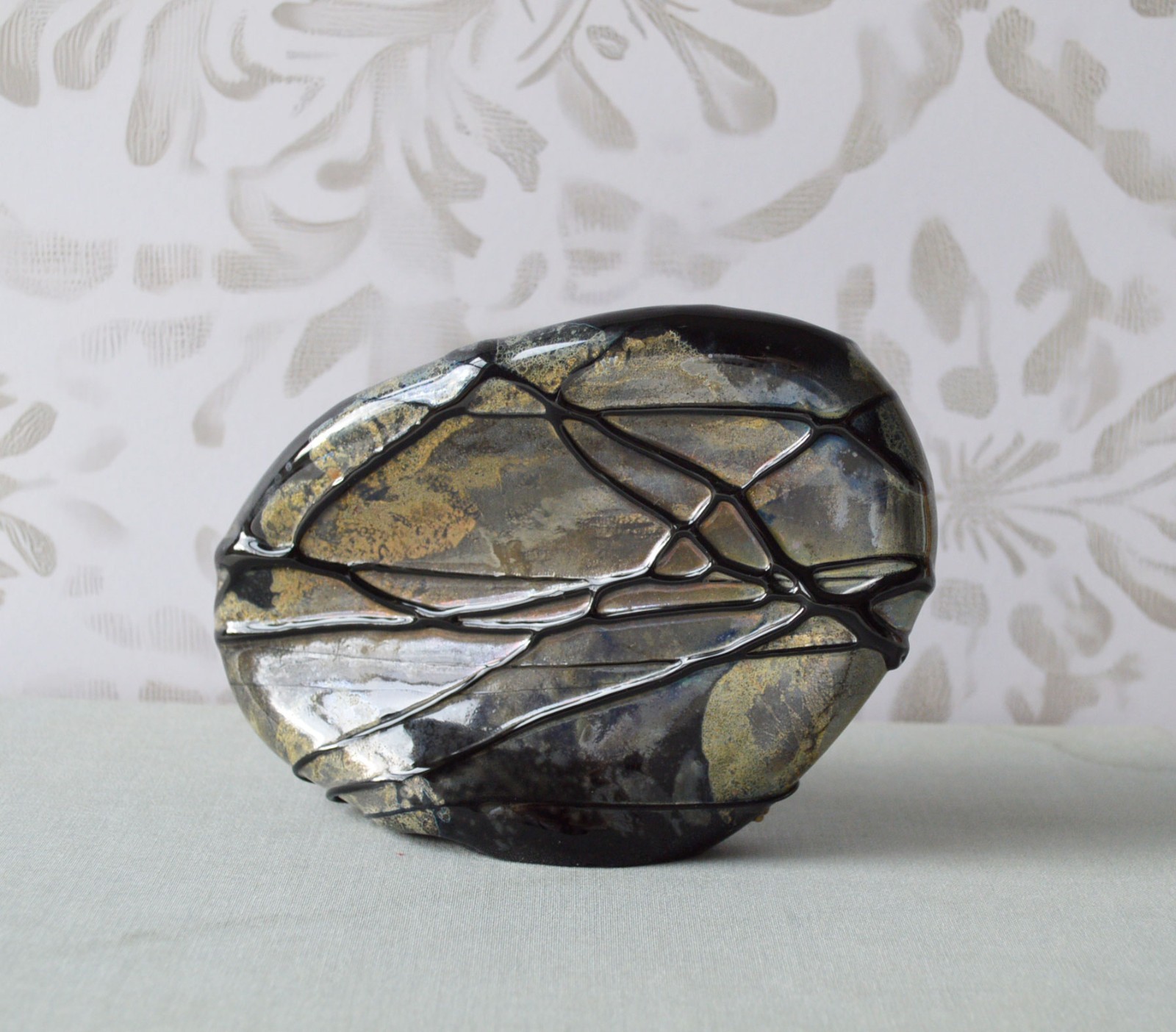 Art Glass Sculpture – Earth Tones with Applied Black Glass Ribbons