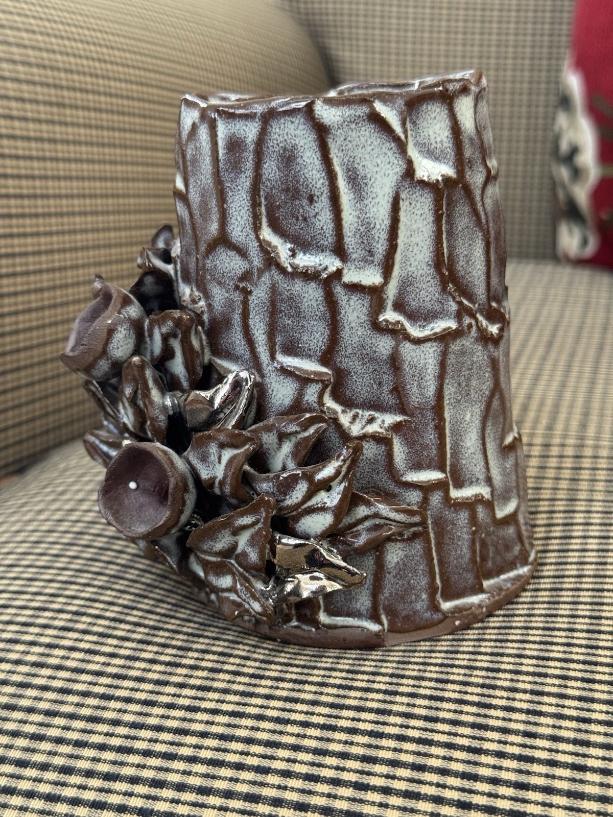 Studio Pottery Bud Vase/ Sculptural Pinecone detail/Brown/Signed J Songer Artist
