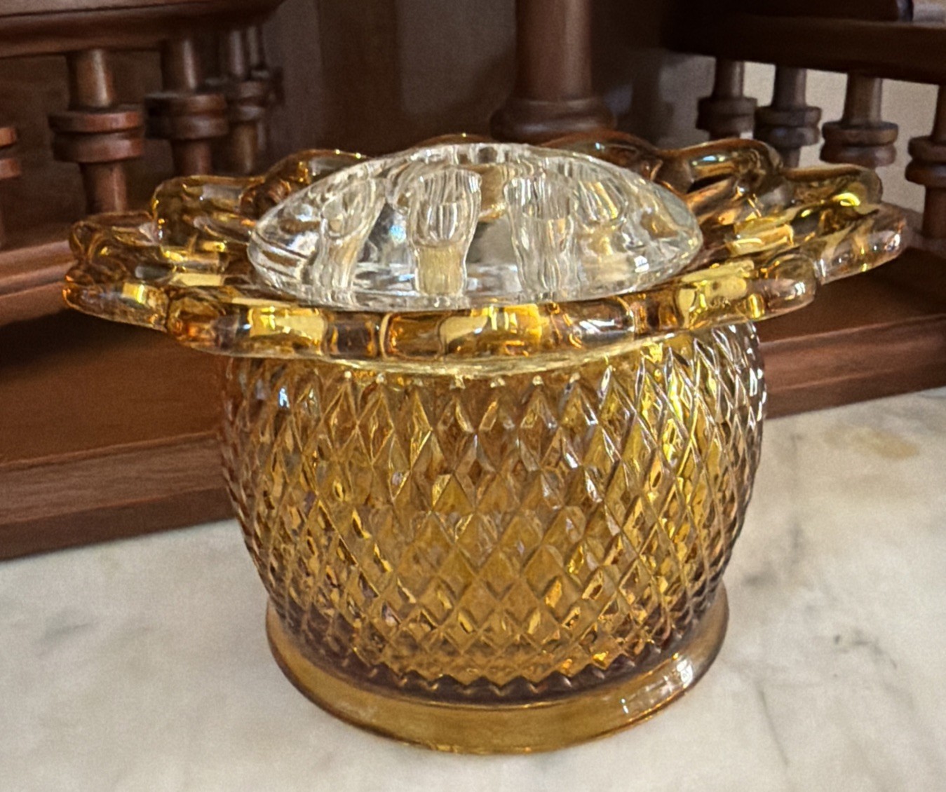 Vintage Imperial Glass Amber Bowl Original Flower Frog Diamond Quilt Pineapple L