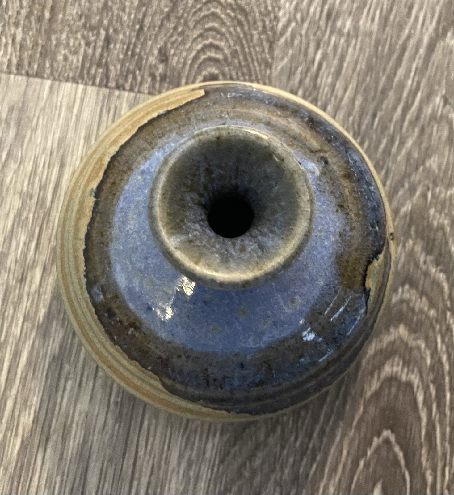 Wood Brand Pottery Small 3.5” Bud Vase Container Drip Glaze Blue Tan Nice!!