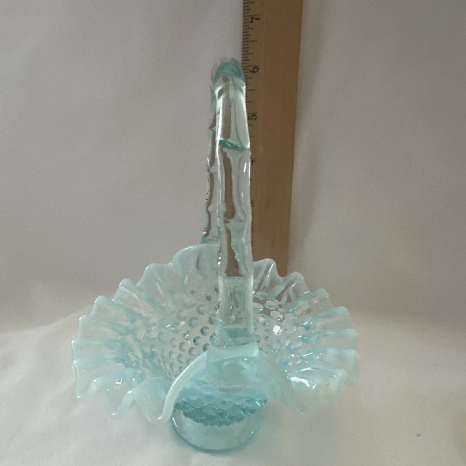 Light Blue/teal Glass Decorative Basket with Handle, Round, Glossy Finish