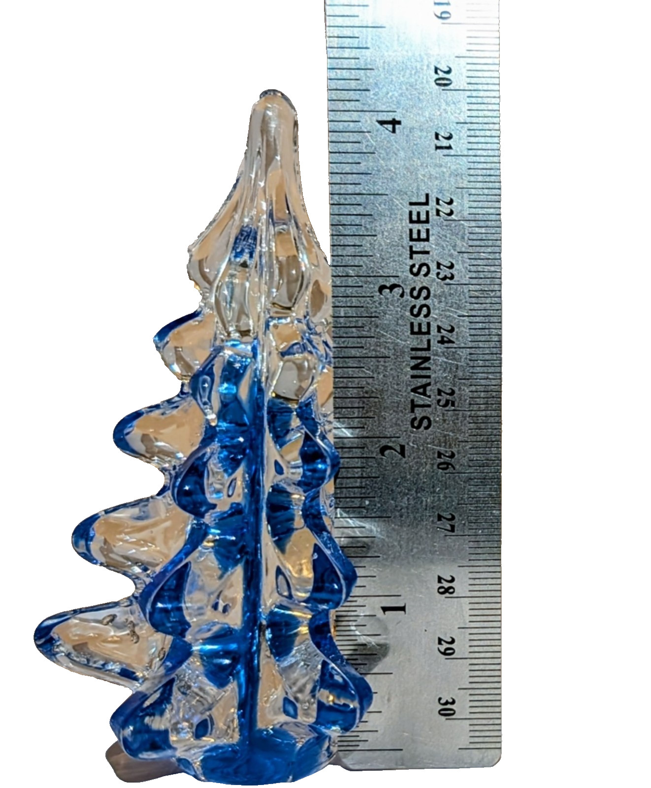 Vtg MidWest Cobalt Blue Art Glass Xmas Pine Tree Crystal Ribbon Sculpture x2 A+