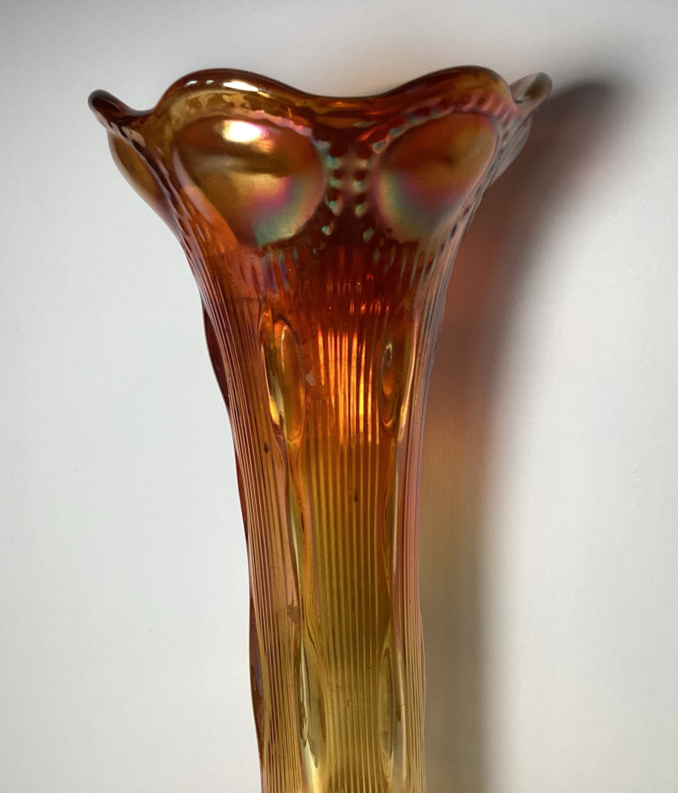 Imperial Glass Beaded Bulls Eye Marigold Swung Vase W Flower Like Top 11’’