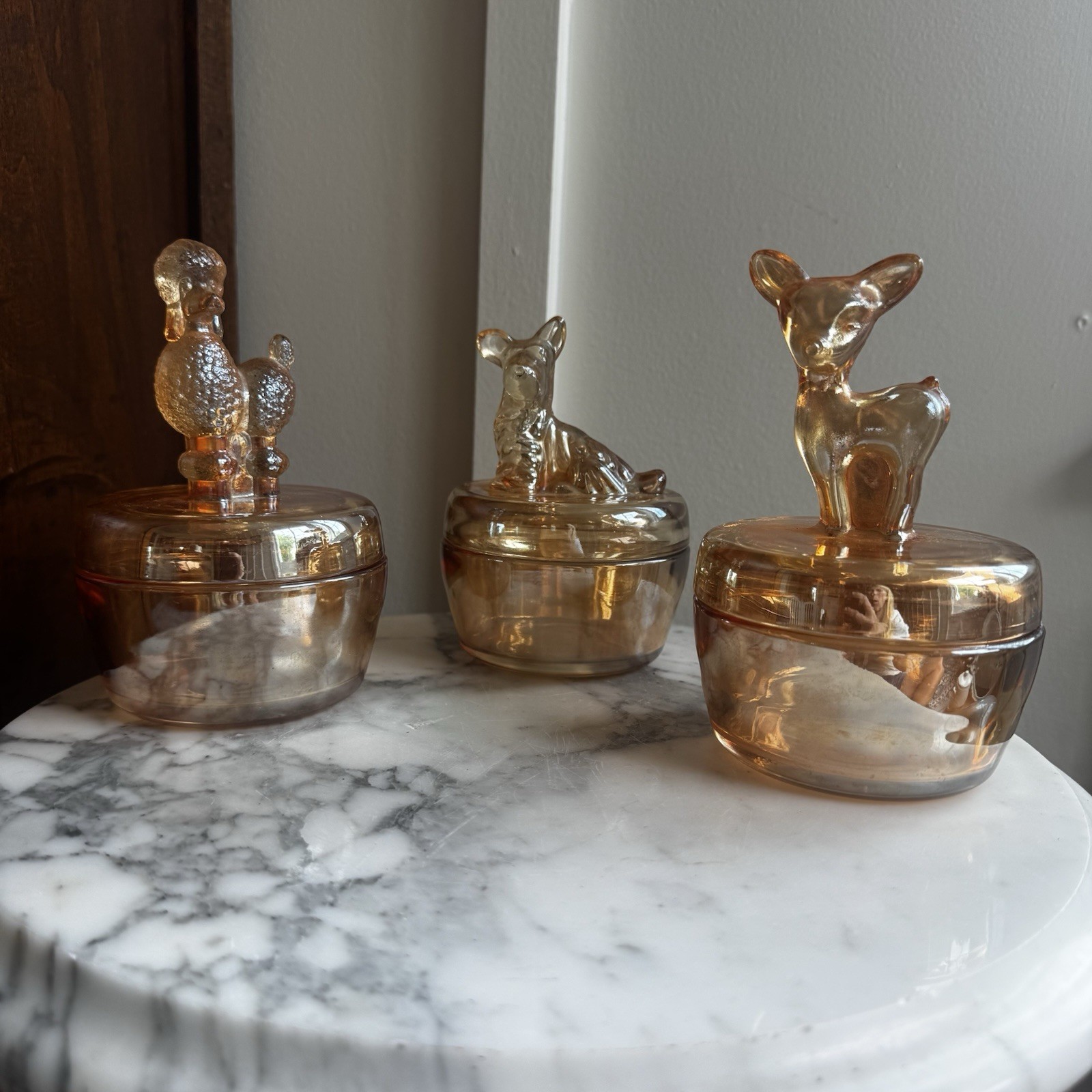 VTG Set 3Jeanette Iridescent Carnival Glass POODLE Powder Box/Trinket/Candy Dish