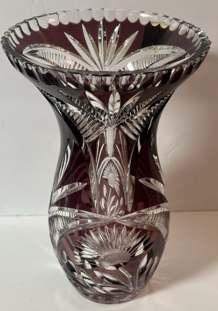 Vintage Arcadia Bohemian Cranberry Hand Cut to Clear Lead Crystal 11.5″ VASE