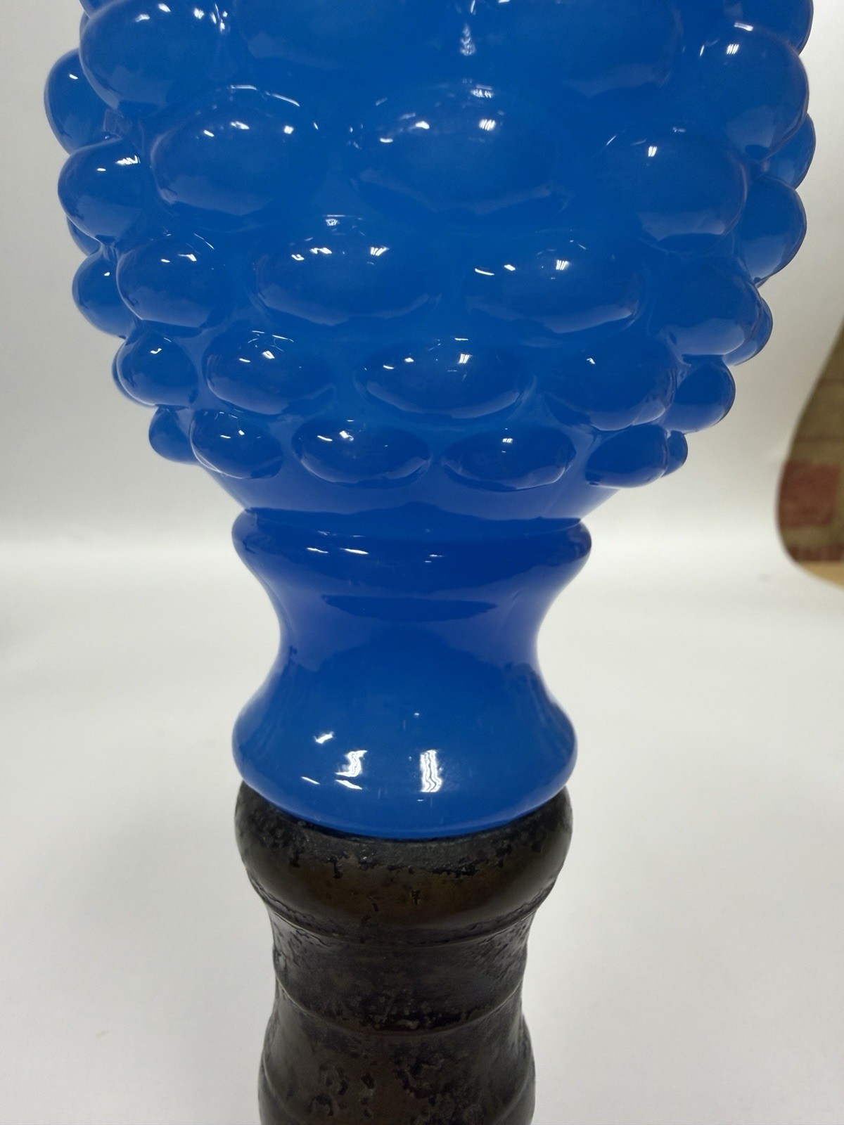 Pair Vintage Blue Opaline Hobnail Glass Bed Post Finials On Wood Bases 11” C30