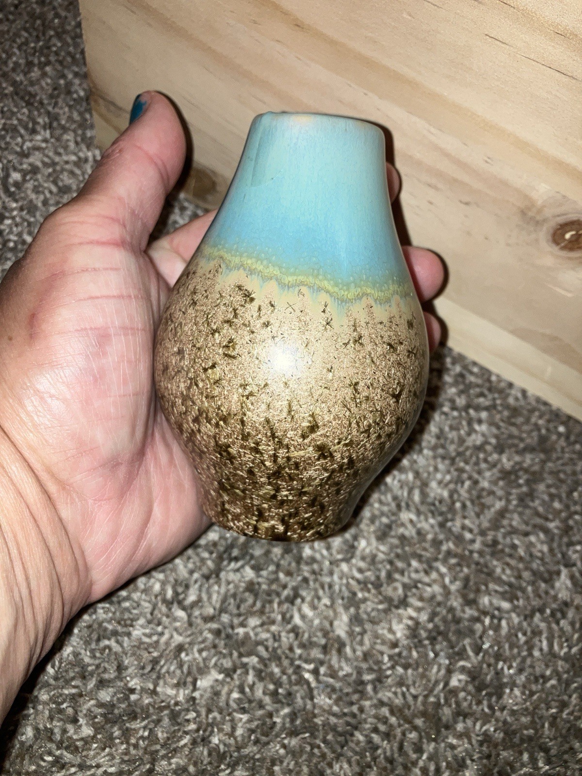 Handmade Art Pottery Small Bud Vase- Aqua Beige Brown 4.5” Tall 1.5” At Mouth