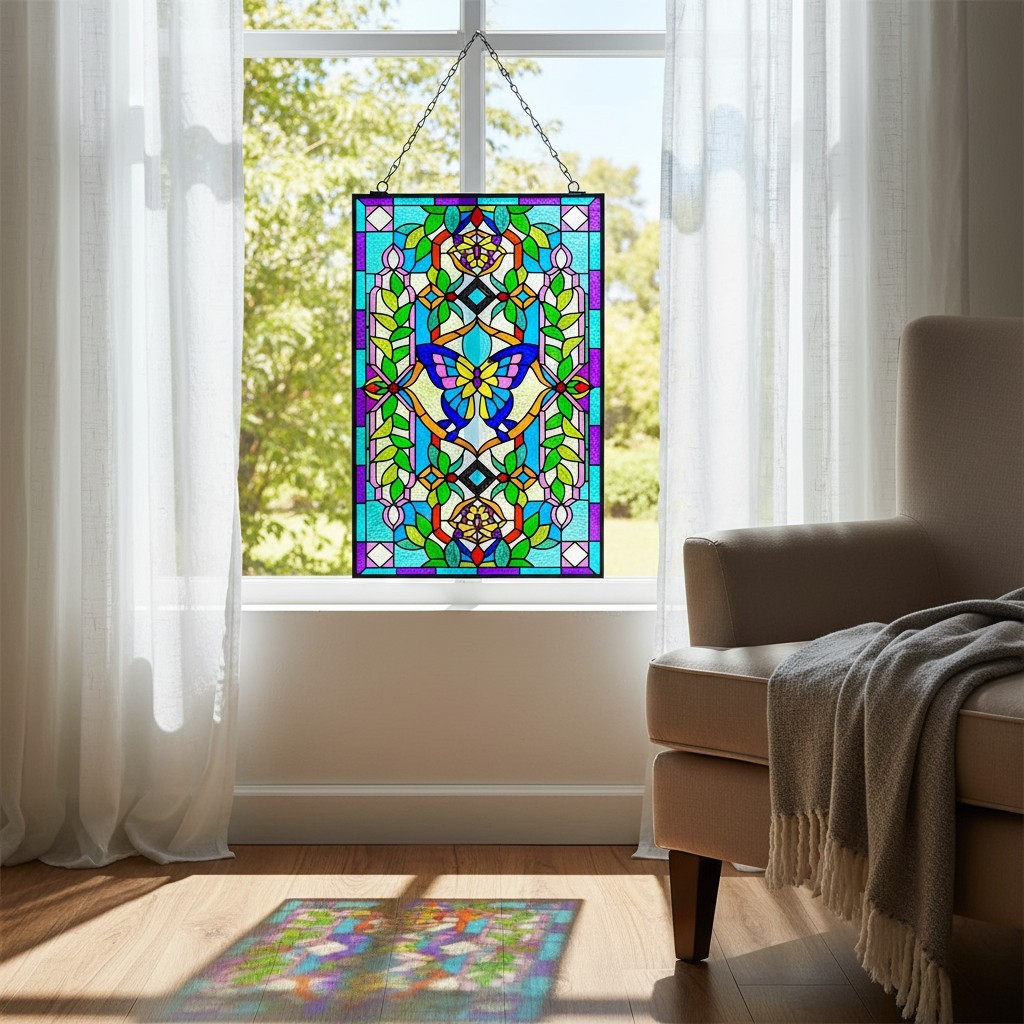 15″ x 10″ Vintage Style Stained Glass Window Hanging Suncatcher Panel