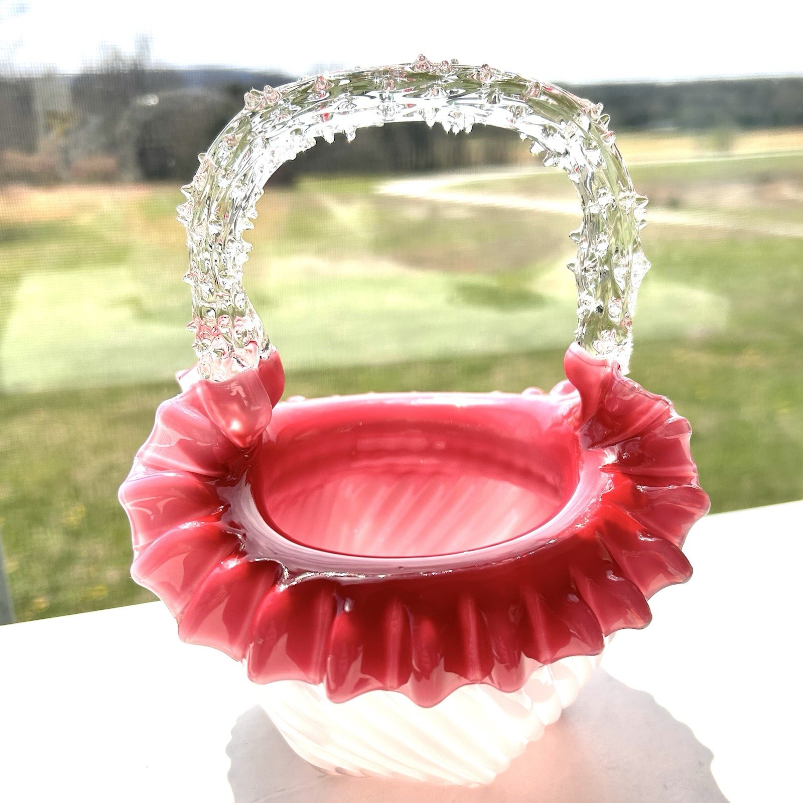 Antique Victorian Cranberry Art Glass Basket w Thorn Handle Ruffled Edge Hexagon