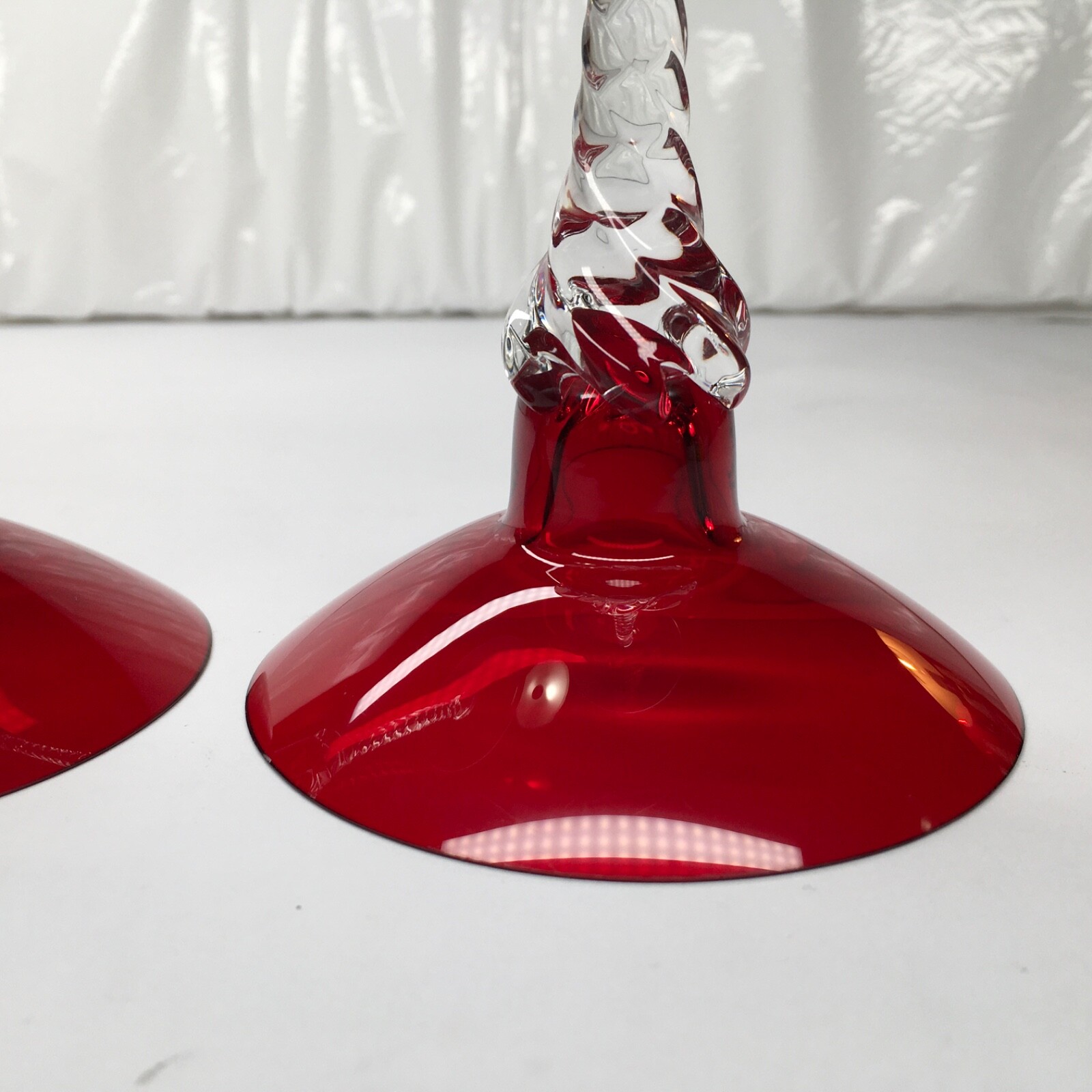 Ruby Red Empoli Type Glass Candlestick Holders 5-7/8″ Tall Nice Vintage Lot Of 2