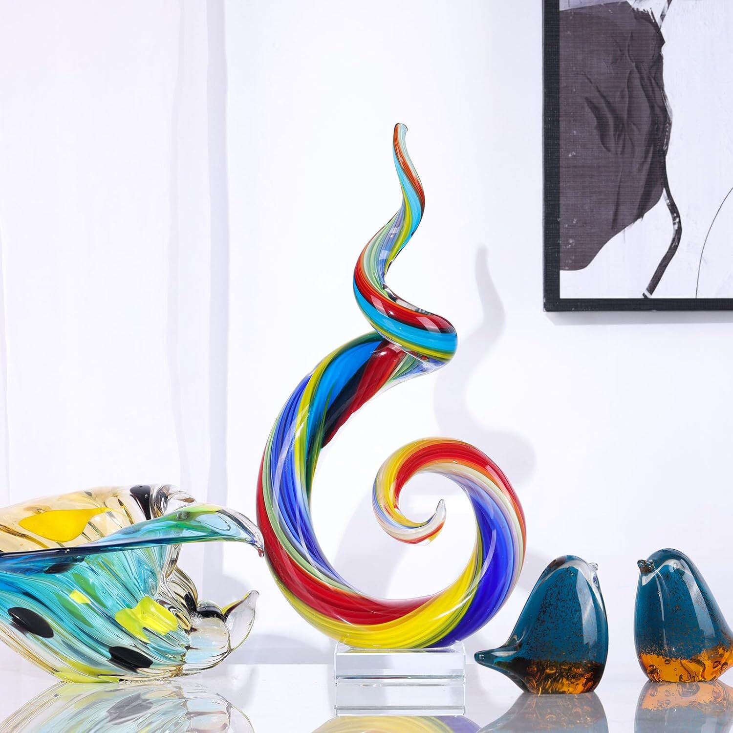 Hand-Blown Glass Sculpture,Murano-Style Statue Figurine,Blue Green Red Yellow
