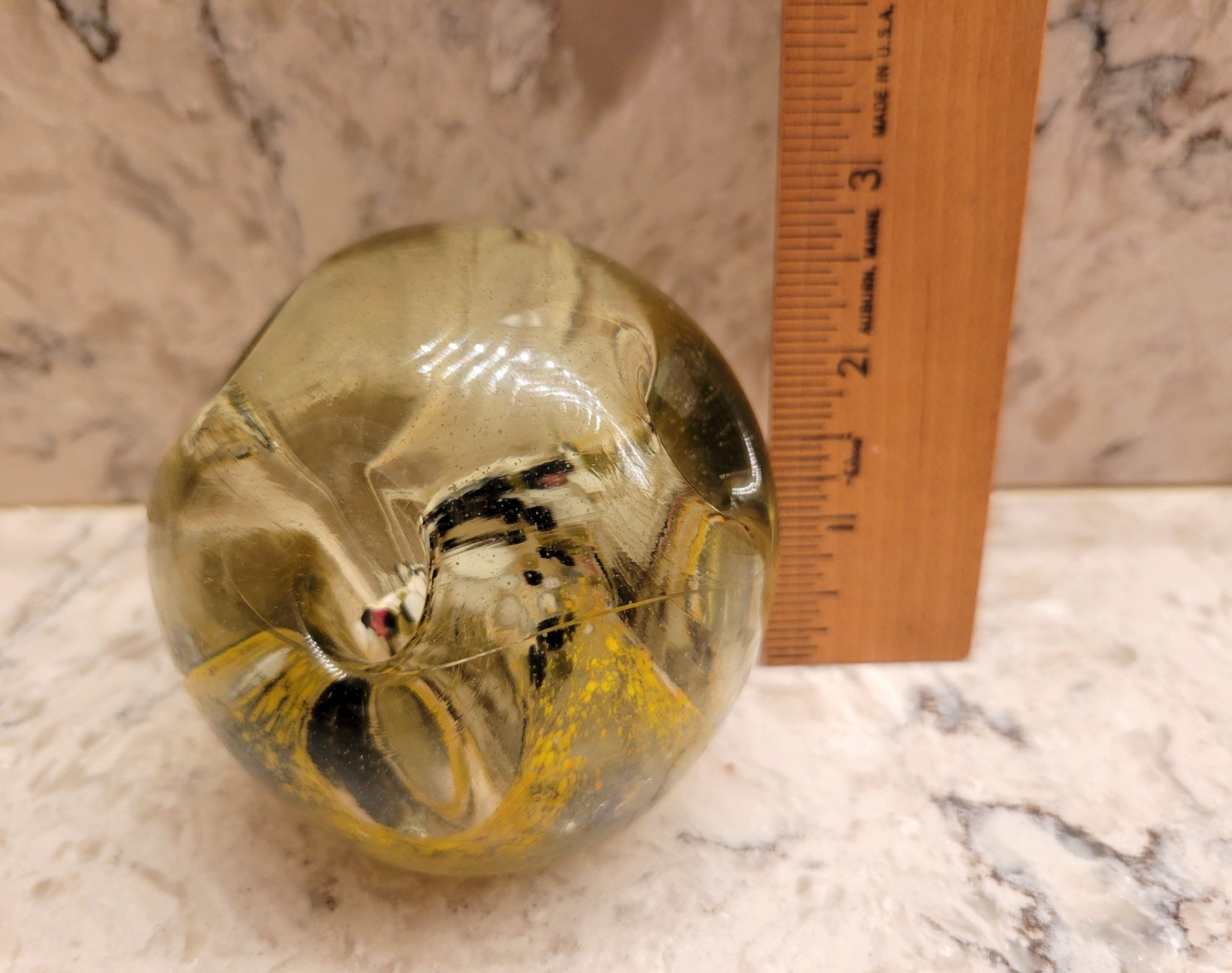 VINTAGE MURANO STYLE ART GLASS HAND BLOWN PAPERWEIGHT YELLOW WHITE BROWN SWIRLS