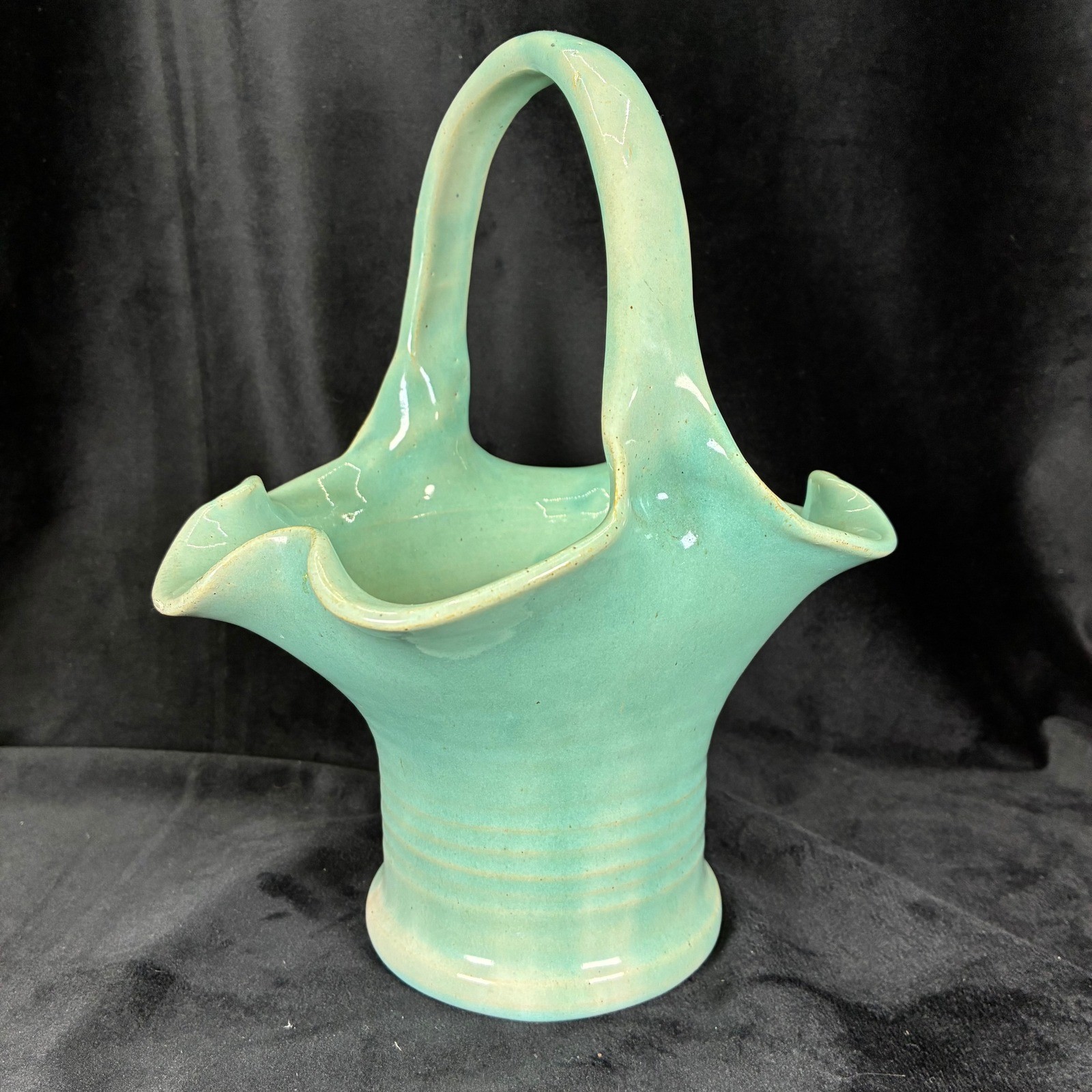 Vintage Turquoise Ceramic Art Pottery Ruffled Basket Handle Seafoam Green Glaze