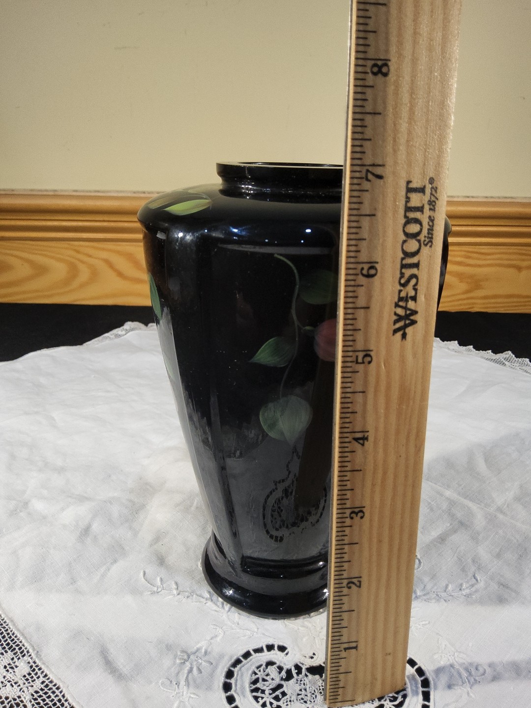 Fenton QVC Black Ebony HP Pink Coral Yellow Floral Green Vining Paneled Vase