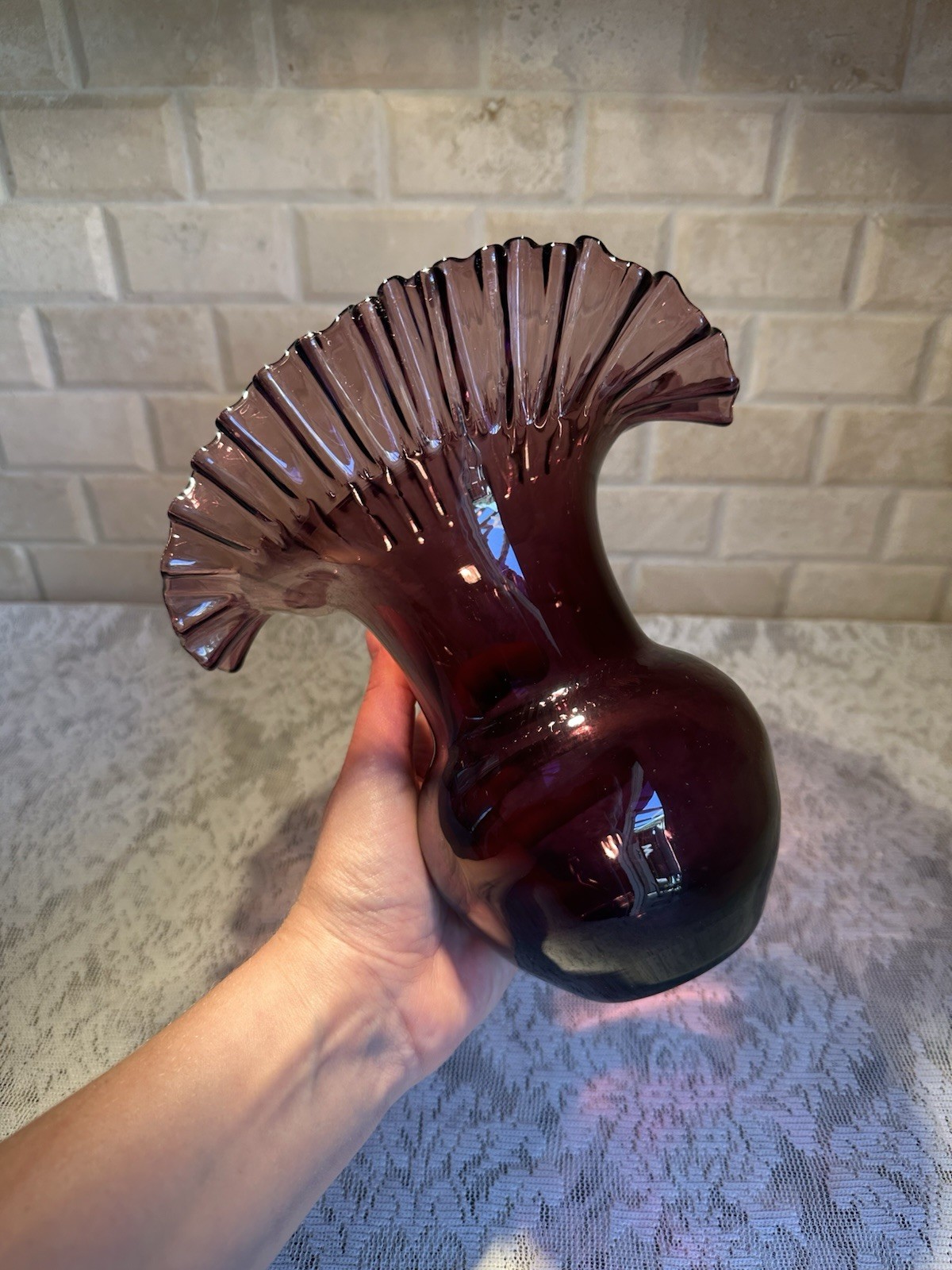 Blenko #390 Purple Amethyst Glass Vase, Mid-Century Crimped Rim Hand Blown 7.75”