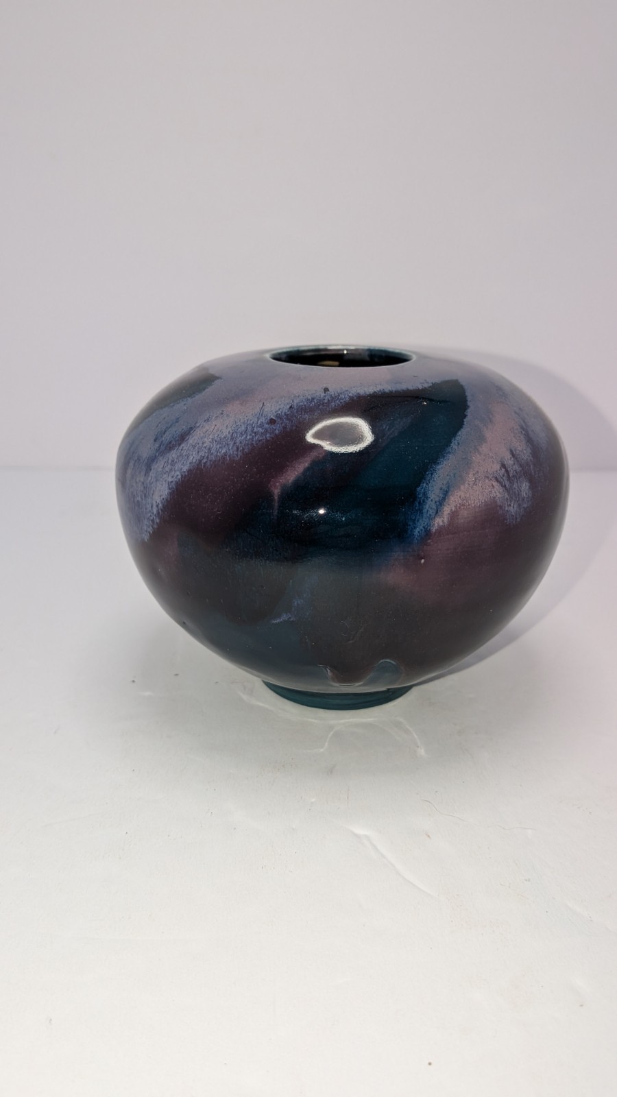 S. Porter Signed Vase Blue Drip Glaze 4 In Tall 5.5 In Round Art Pottery