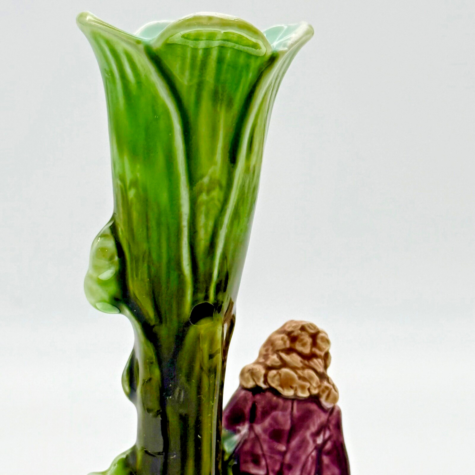 Antique French Majolica Bud Vase Figural Pottery Spill Vase Read