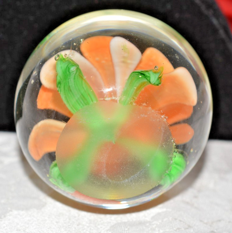 Murano Art Glass Apricot Color Flower Paperweight, 1 3/4 x 1 3/4