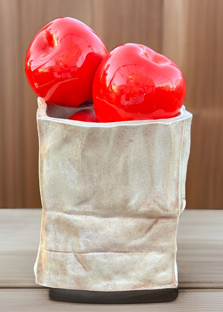 Ceramic Red Apples Brown Bag Pottery Kitchen Farmstand High Gloss Tabletop Decor