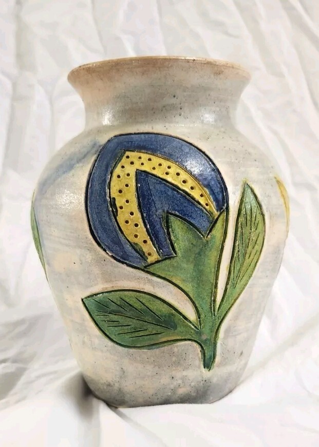 Vintage Dolores Porras Mexico Folk Art Terracotta Pottery Vase Flower Motif