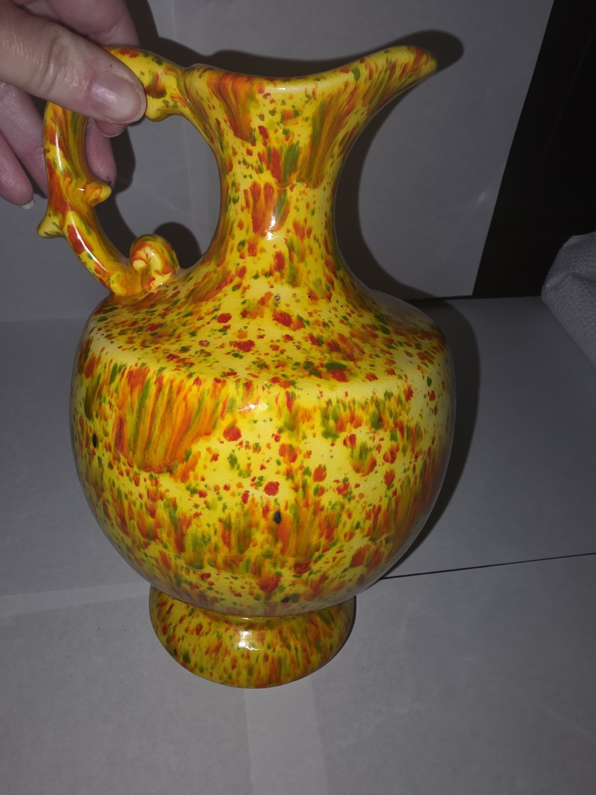 1981 Splatterware Orange Red Yellow and Green Drip Pitcher Vase. Signed