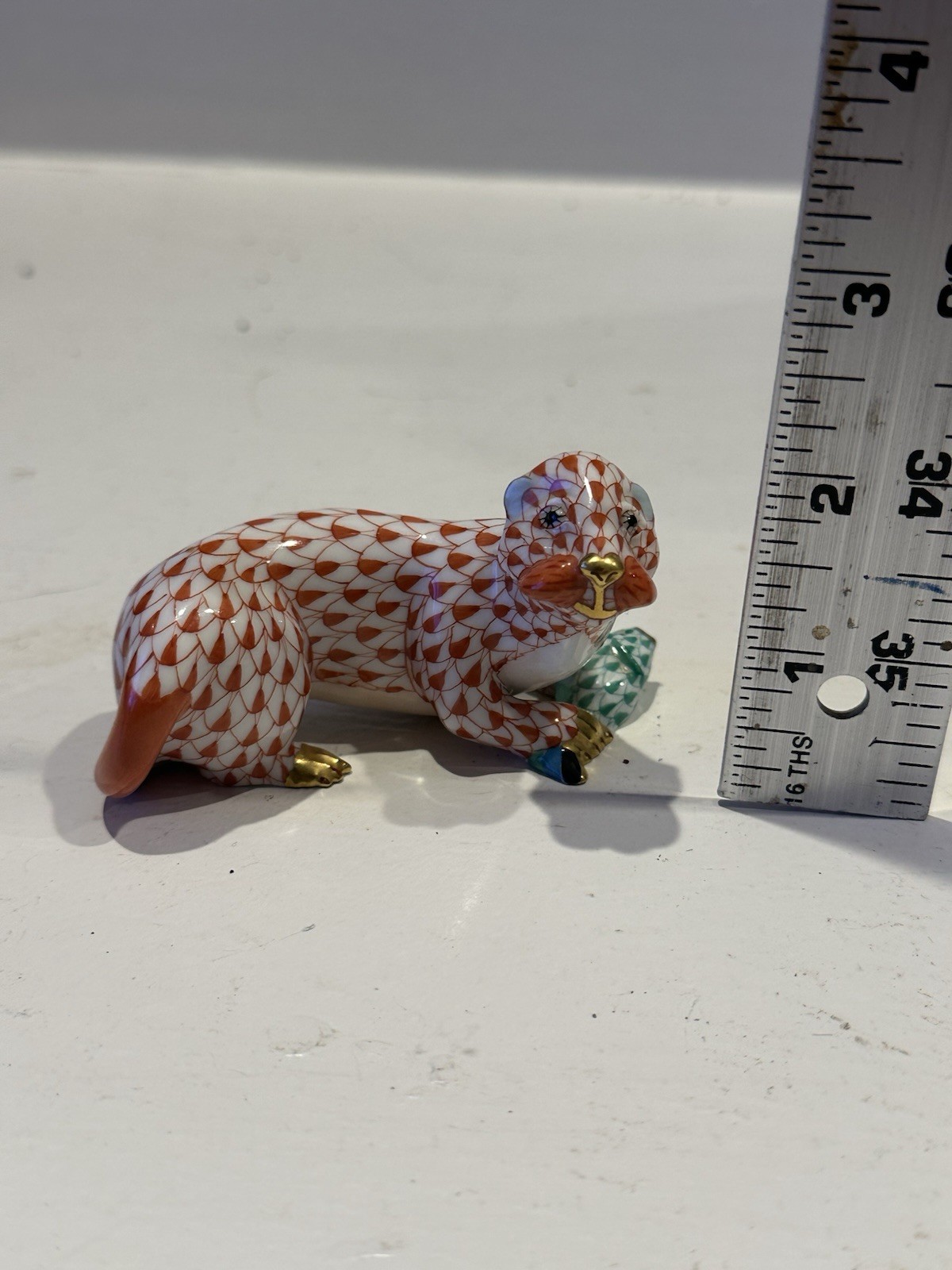 HEREND Otter W/ Fish Black Fishnet Figurine Rust Colored