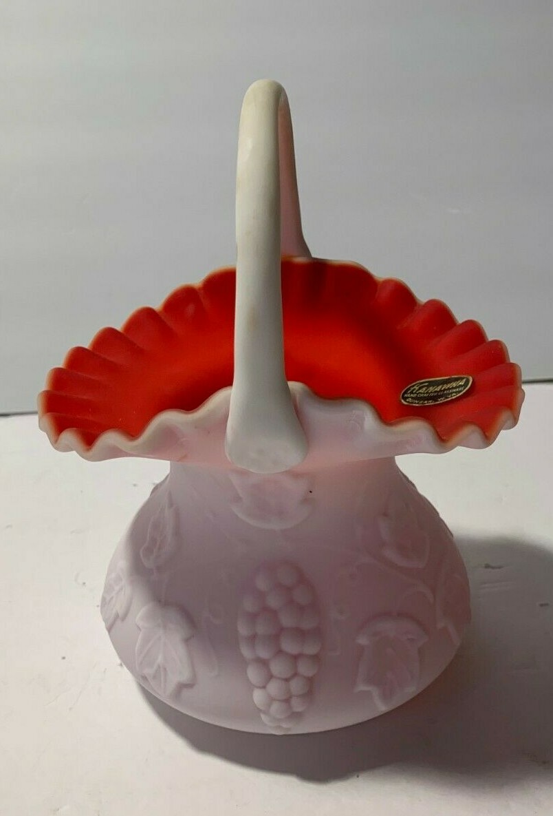 Kanawha Grape Vine Style White and Red Milk Glass Brides Basket Vase FOIL LABEL