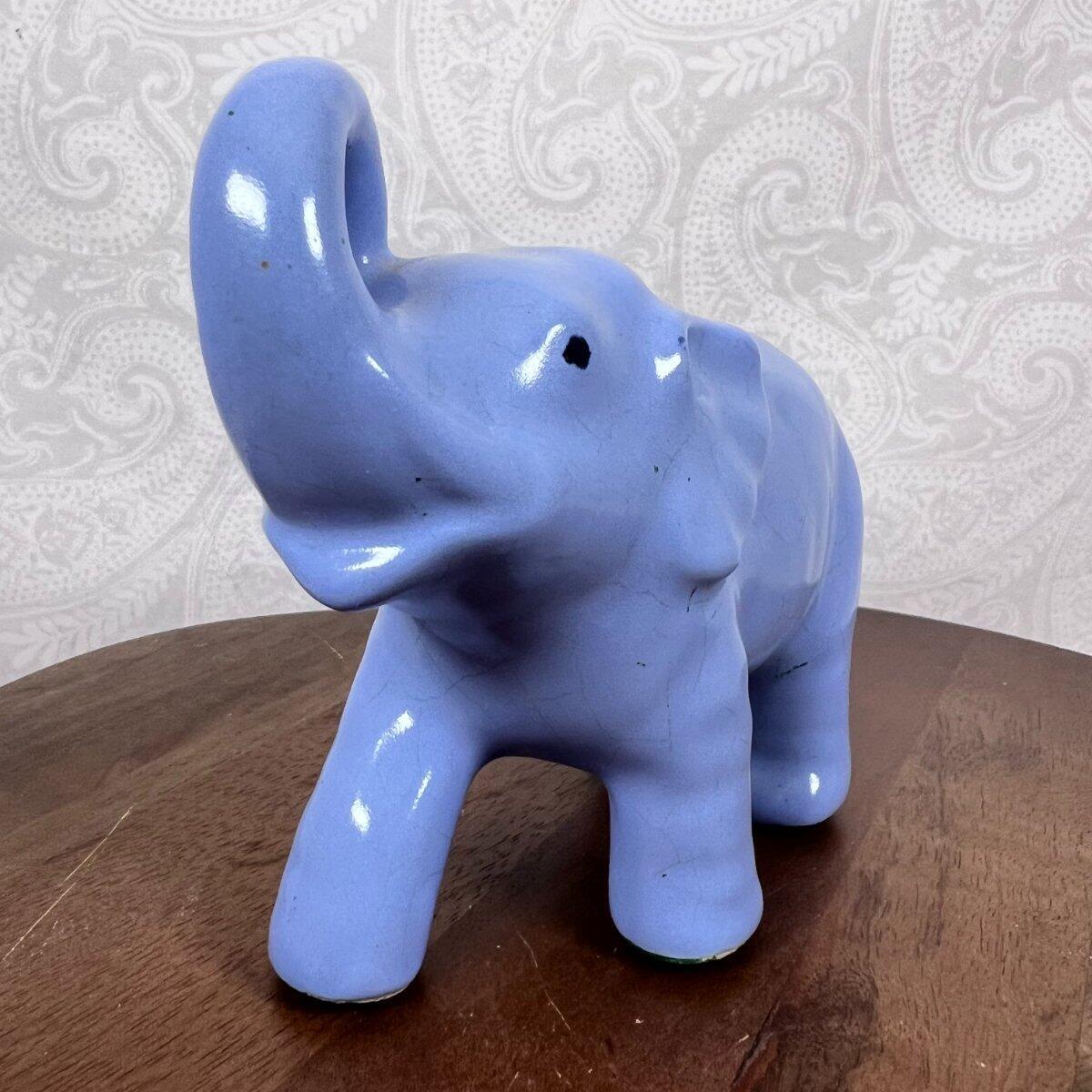 Vintage Blue Art Pottery Elephant Trunk Up Figurine Planter Vase Succulent Luck