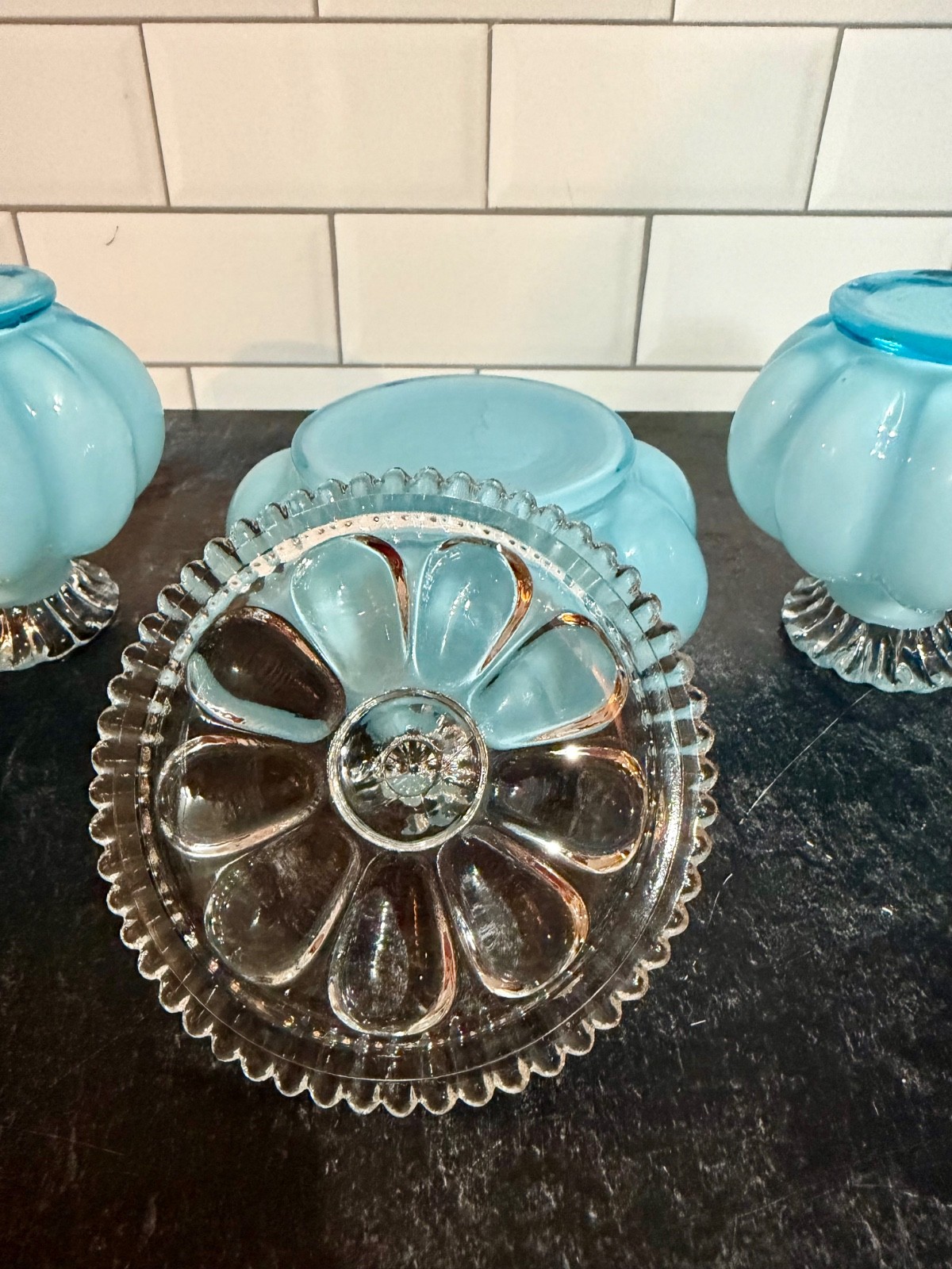 Vintage 3 Pc Fenton Dresser Set Blue with Melon Design – Good Condition READ