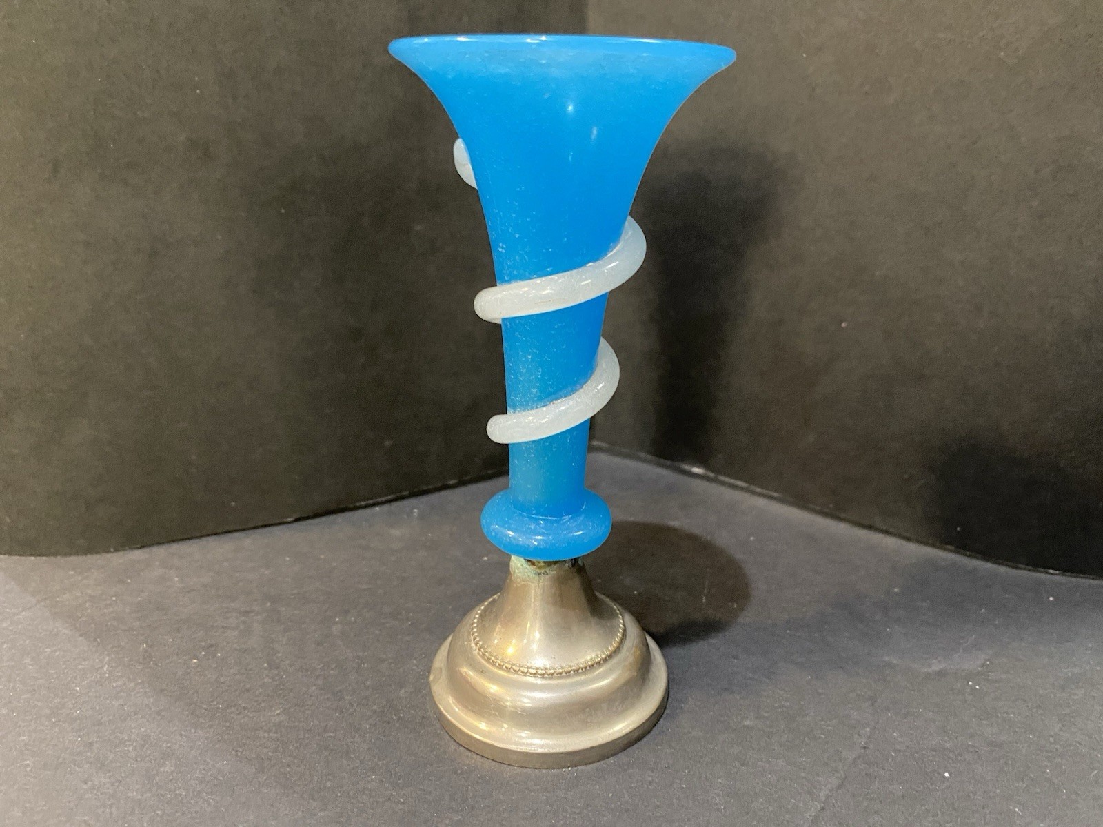 Antique Blue Glass Vase Snake Wrapped Silver Tone Base Origin Unknown
