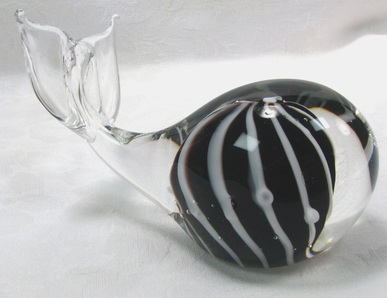 Hand Blown Art Glass Whale Figurine Clear Black White Decorative Paperweight 4″
