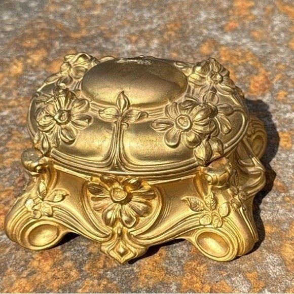 Antique Art Nouveau Gold Floral Metal Trinket Jewelry Box Footed Fabric Lined