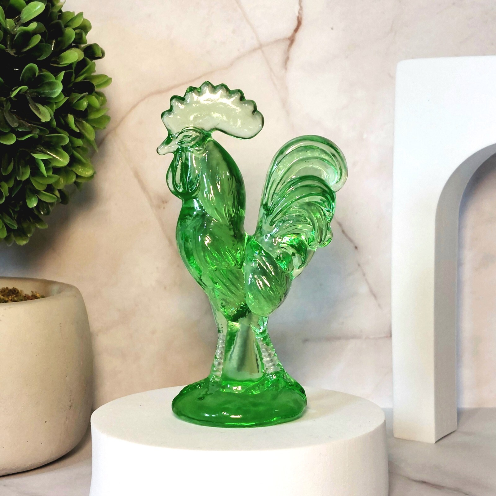 Green Depression Style Glass Rooster Chicken Figurine, Farmhouse, Hen, VTG Style