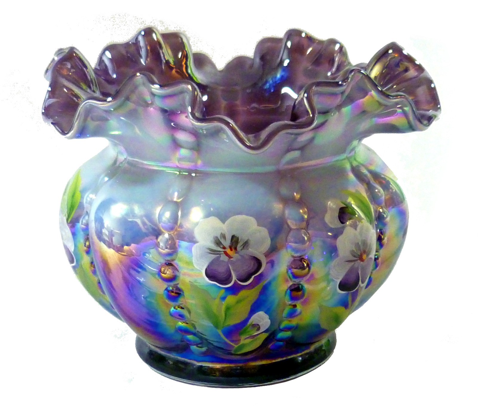 HOME DECOR – FENTON ART IRIDESCENT BEADED AMETHYST CARNIVAL VASE – SIGNED
