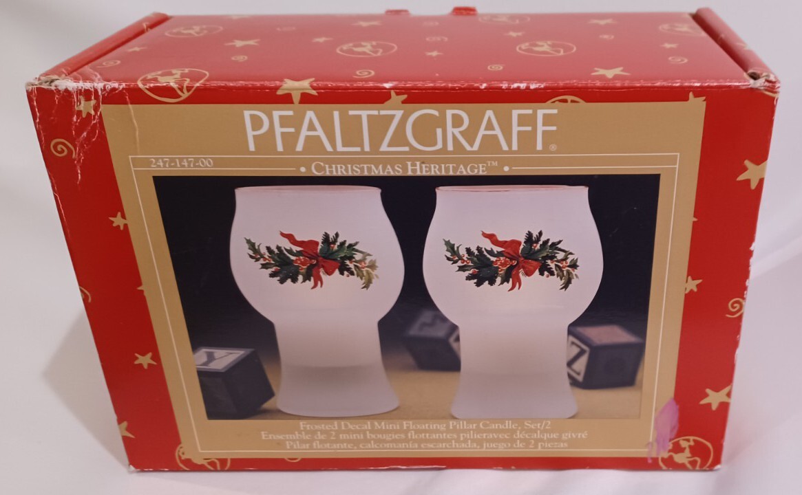 NIB Pfaltzgraff Christmas Heritage Frosted Decal Mini Floating Pillar Candles