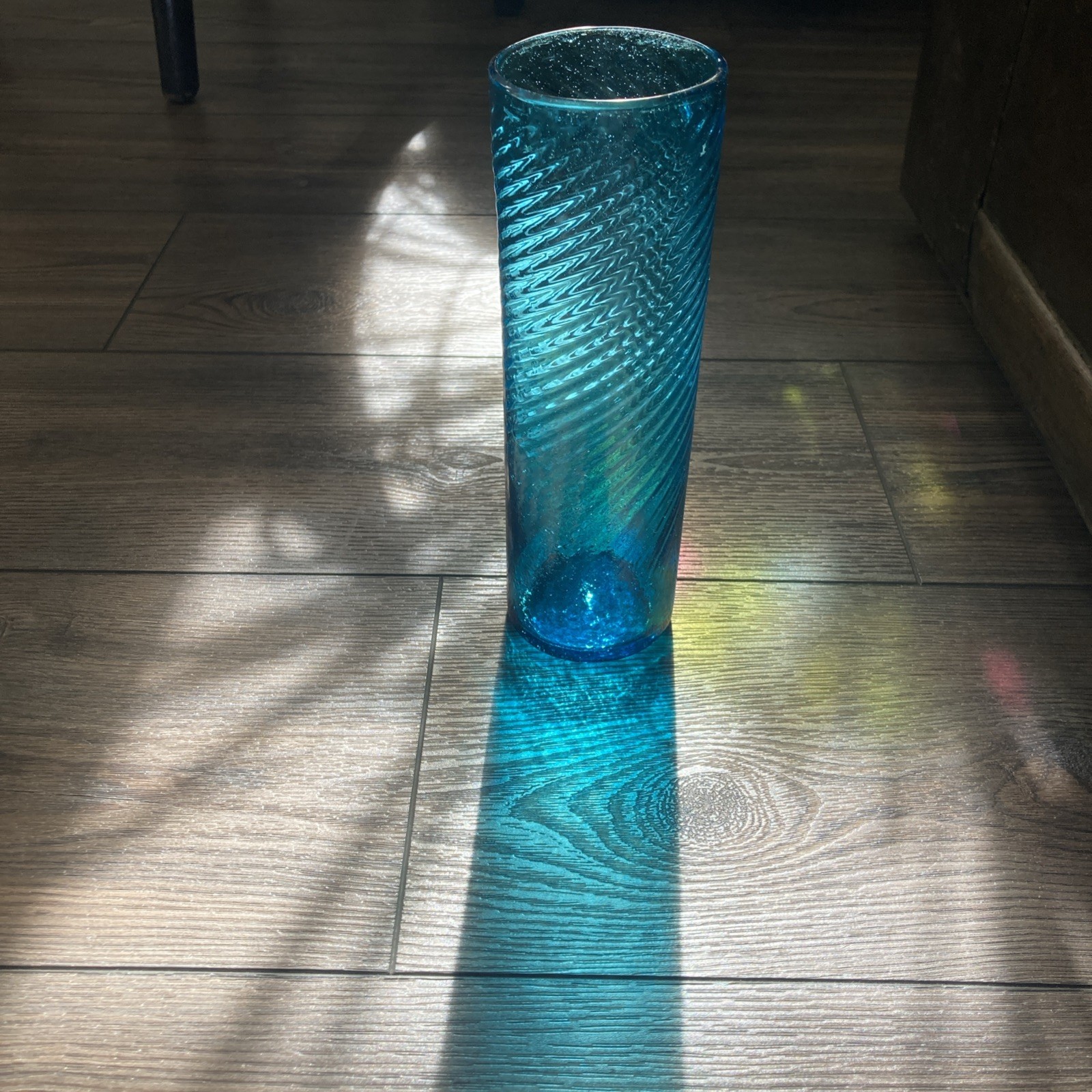 Vintage Empoli Teal Blue Hand Blown Swirl Optic Glass Vase Bubbled MCM