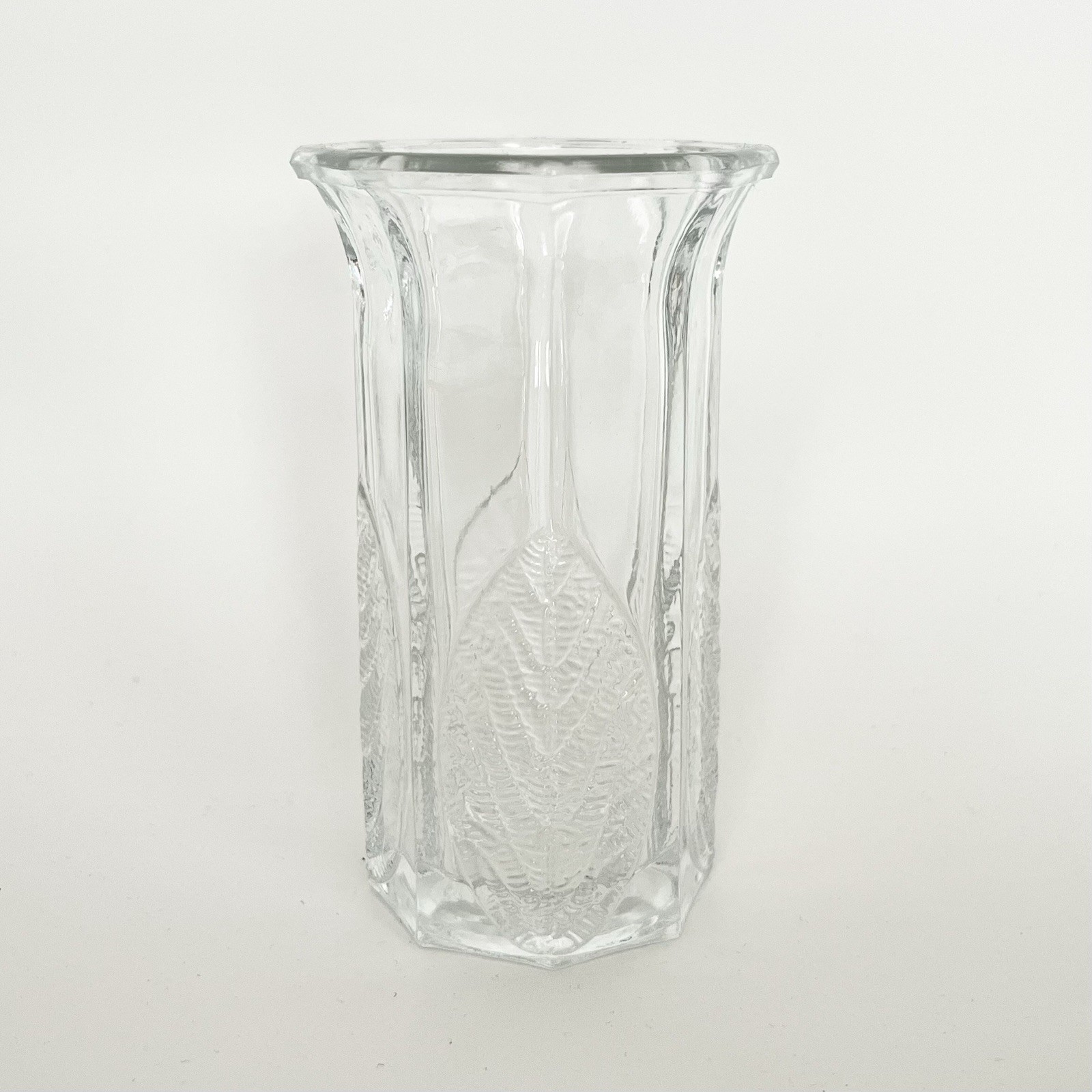 Vintage Nuutajarvi Finland Clear Glass Mini Vase Birch Leaves Octagon Nature