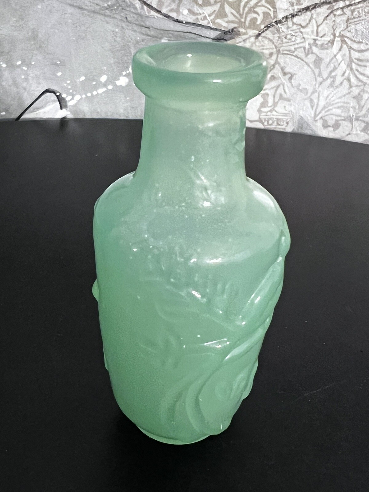 Jade Green Glass Mini Bottle Vase Bird On Branch – 3.5″