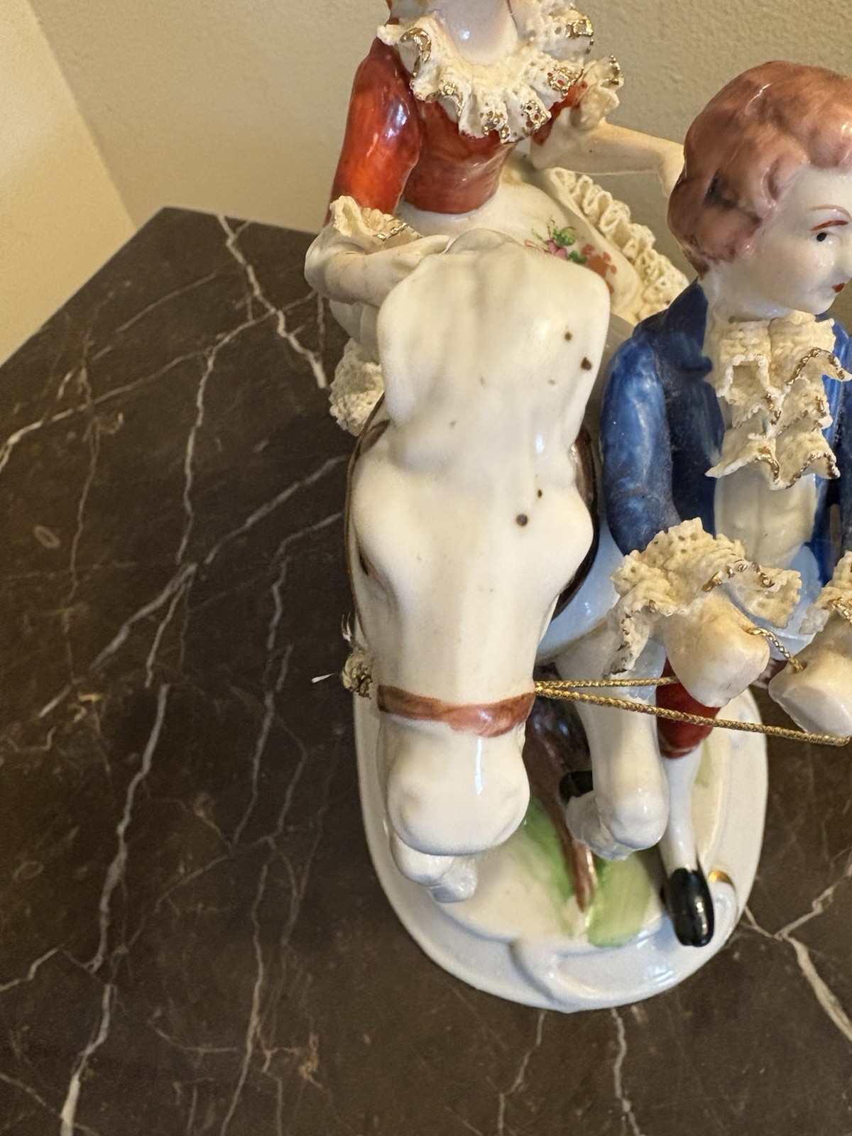 CAPODIMONTE ITALY MAN PULLING LADY ON HORSE PORCELAIN FIGURINE
