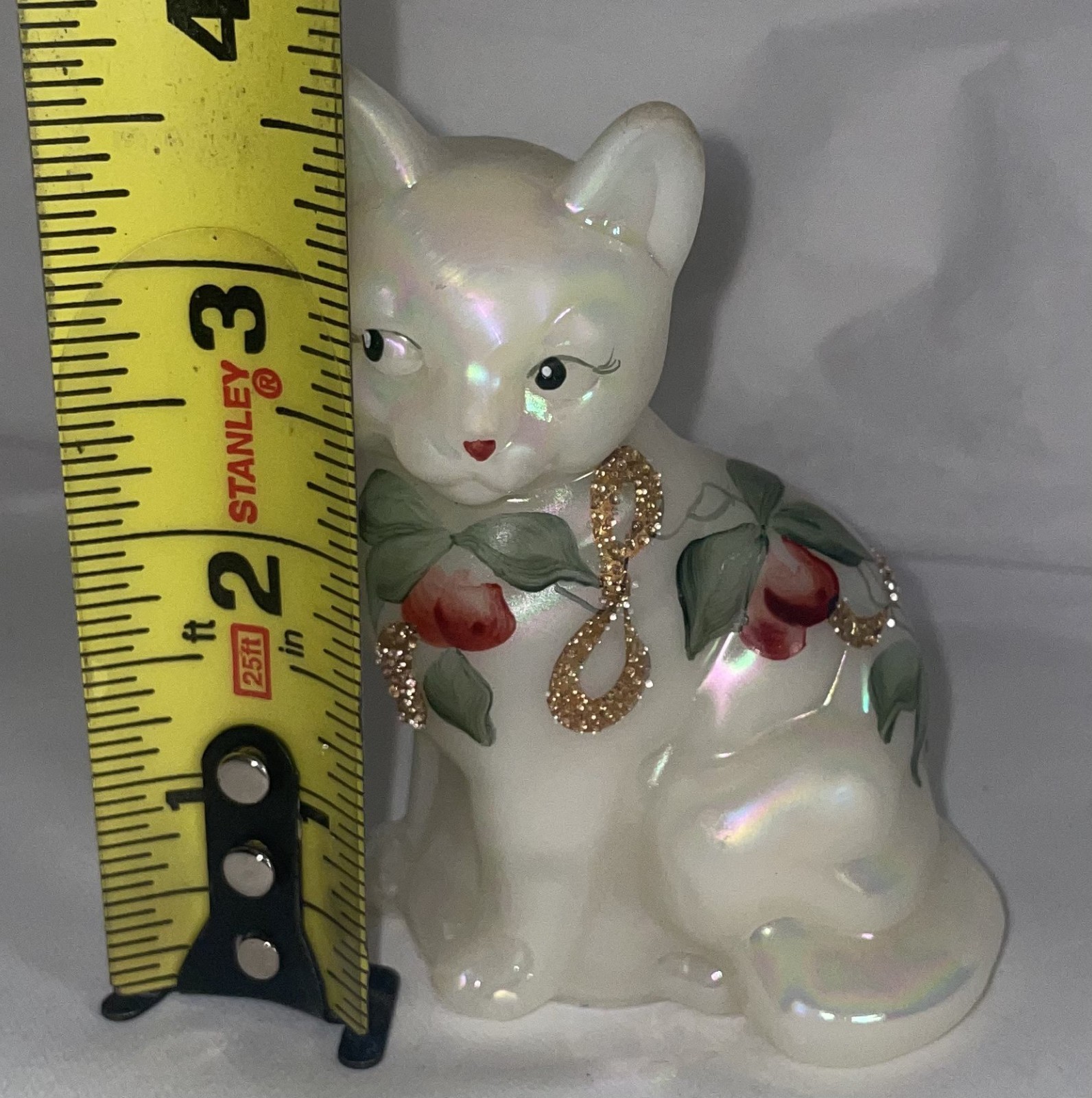 Fenton Opalescent Glass Cat Hand Painted, Signed, Floral Glitter Christmas
