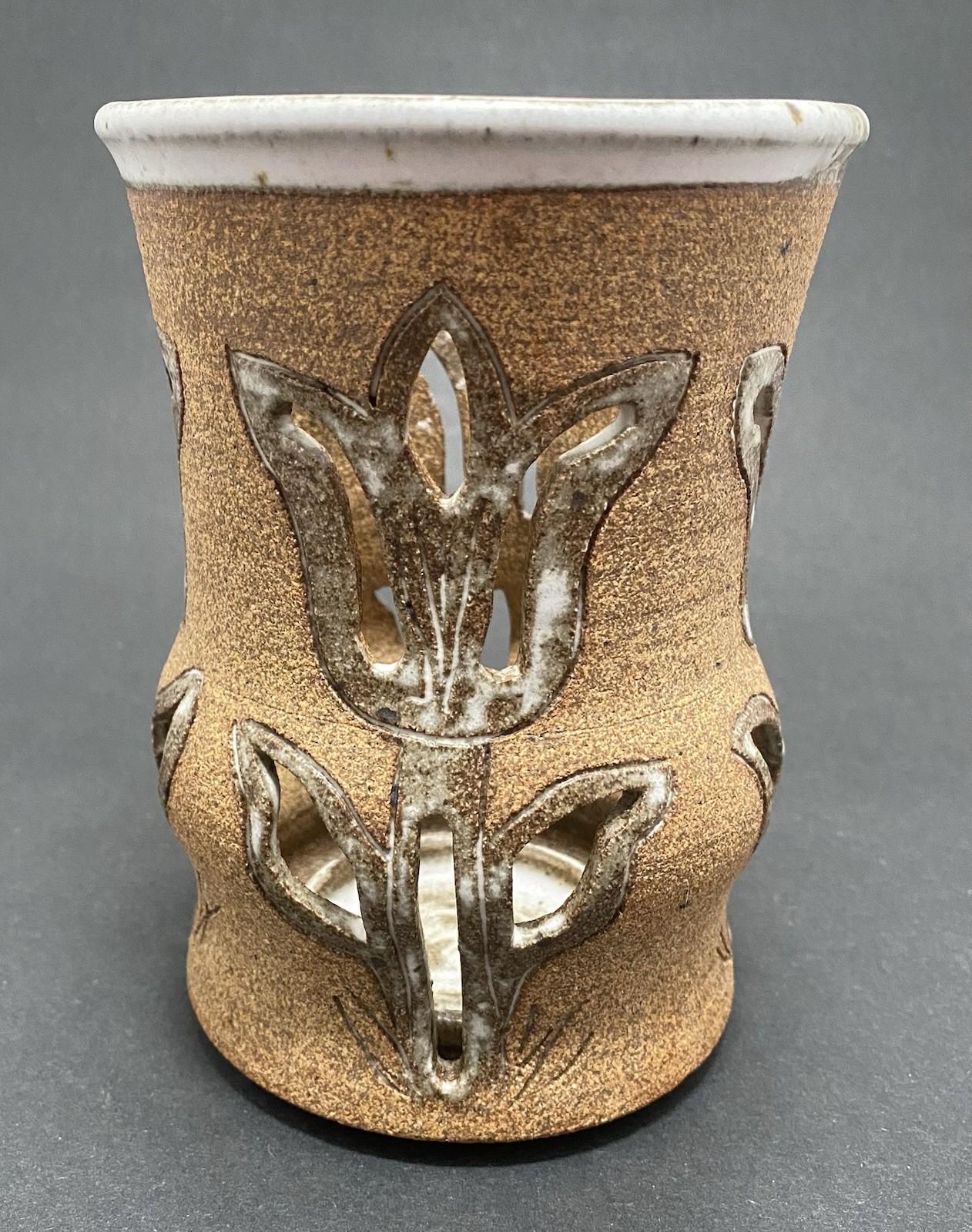 Studio Pottery Signed Mary Alice Cut Out Tulips Candle Holder Vintage MCM 1965