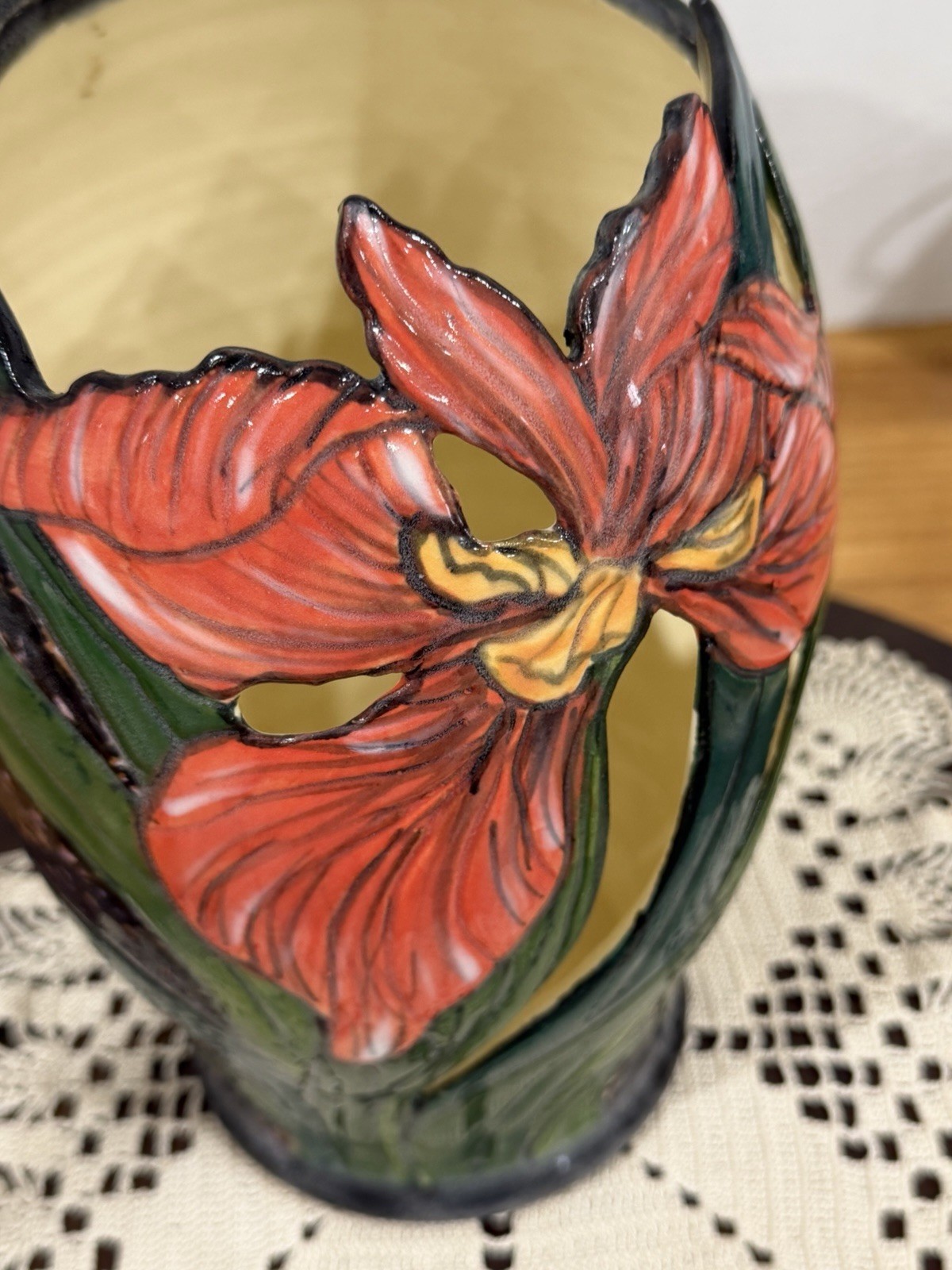 VTG Red Iris Reticulated Vase Arts & Crafts Revival Style Pottery