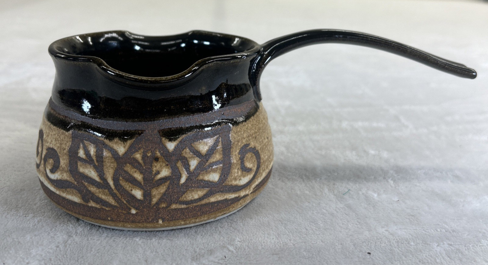 Art Studio Pottery Ladle Earthenware With Handle Signed Double Spout Brown Glaze
