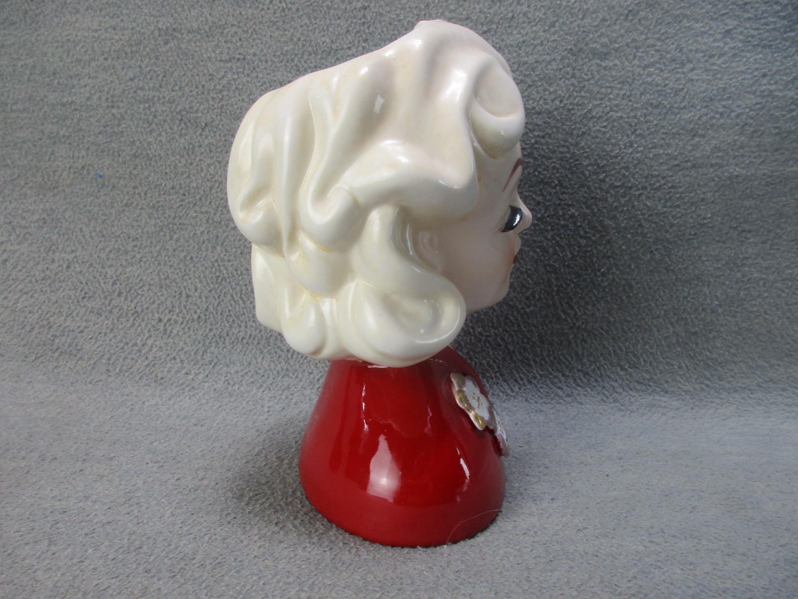 Vintage Lady Head Vase Red Gold Poinsettia 6.5 in Christmas Valentine Romance