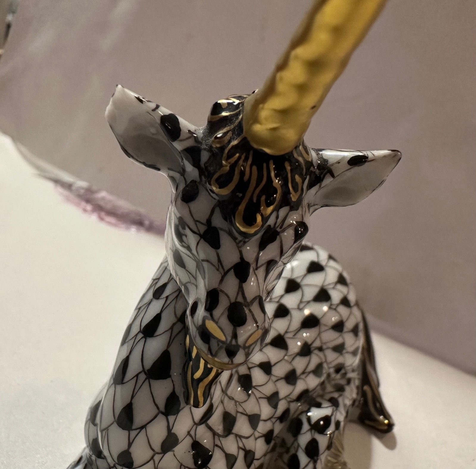 Herend Hungary Porcelain Fishnet Unicorn Figurine ~rare-Black & Gold chipped ear
