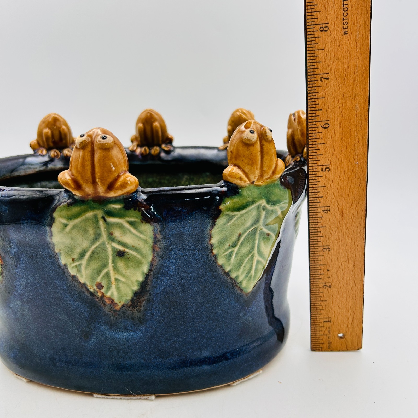 Majolica Style 8 Frogs On Rim Cobalt Blue Ceramic Glazed Planter Pot Oval 9×7 in